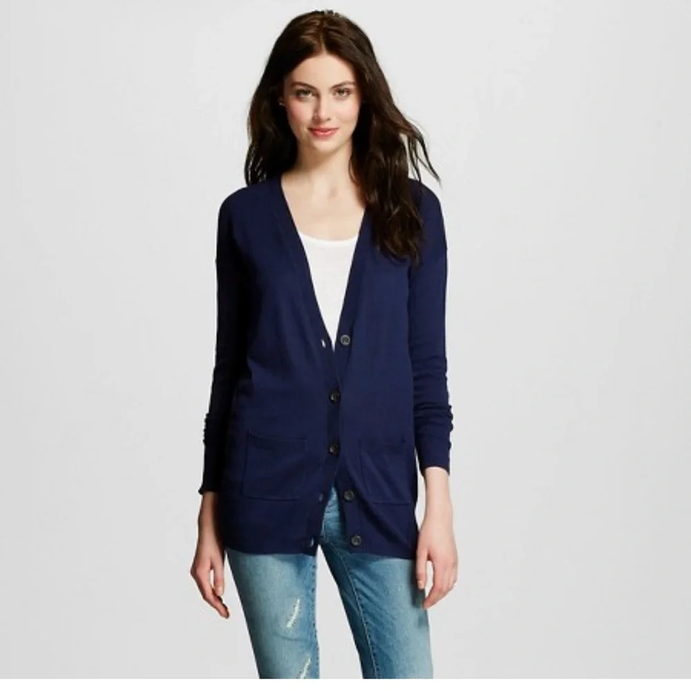 ZARA Long fine knit Navy Blue Button-Up Cardigan Size L